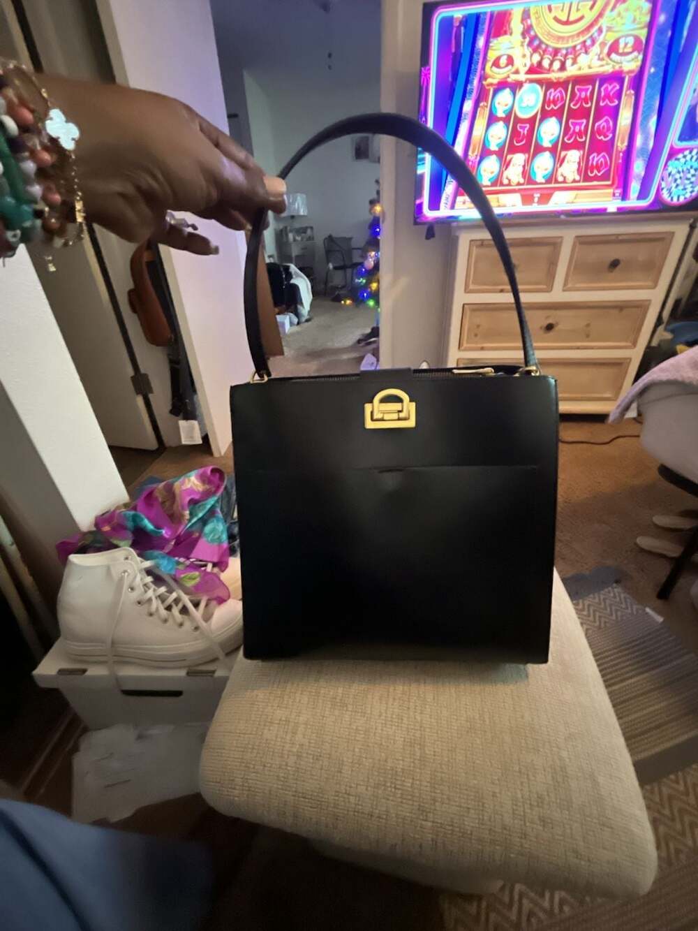 Mango MNG Black Leather Structured Handbag with Gold-Tone Hardware Detail
